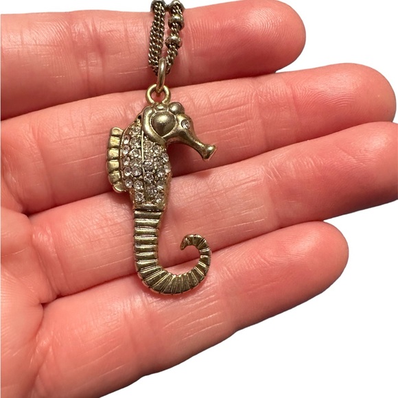 J Crew Gold Tone Rhinestone Seahorse Pendant Beaded Satellite Chain Necklace 27” - Picture 5 of 6